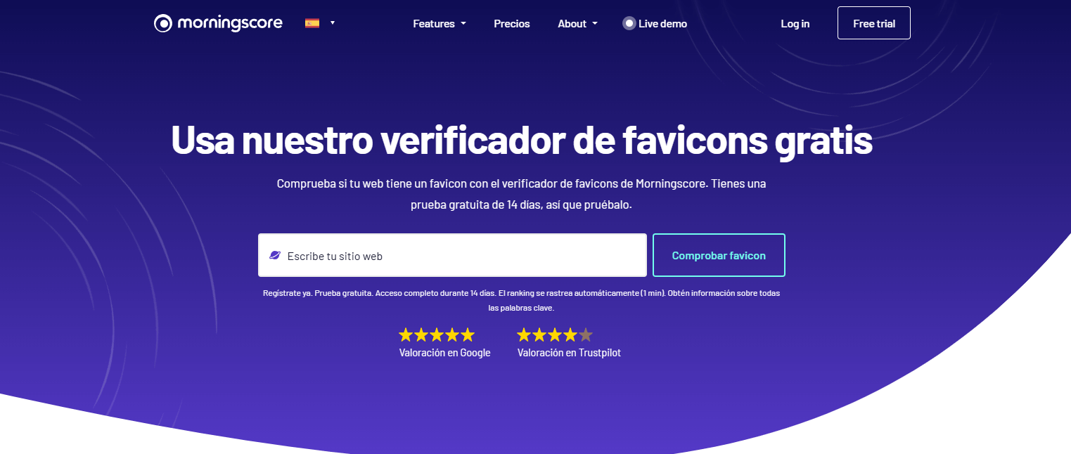 Captura de pantalla del verificador de favicons de Morningscore con campo de entrada y botón.