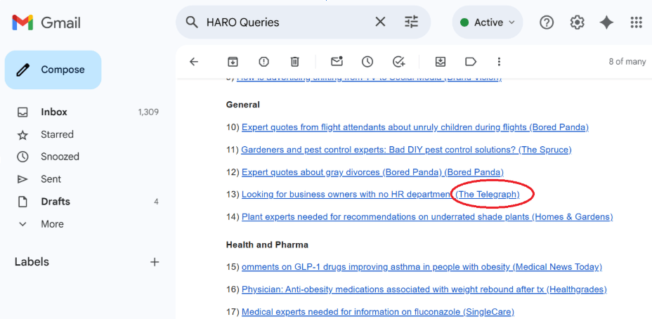 Userface in G-mail displaying HARO queries