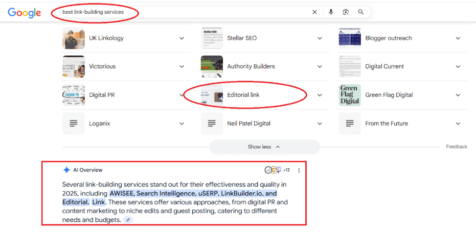 Editorial.link's presense in AI Overviews after link building