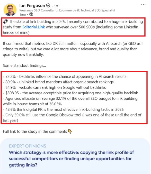 A digital PR campaign gets traction and shared on LinkedIn