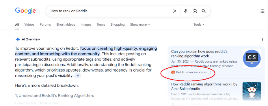 Google search triggering AI Overviews that cite Reddit as source