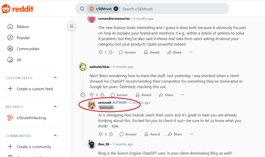 Semrush leveraging Reddit by posting comments in relevant posts