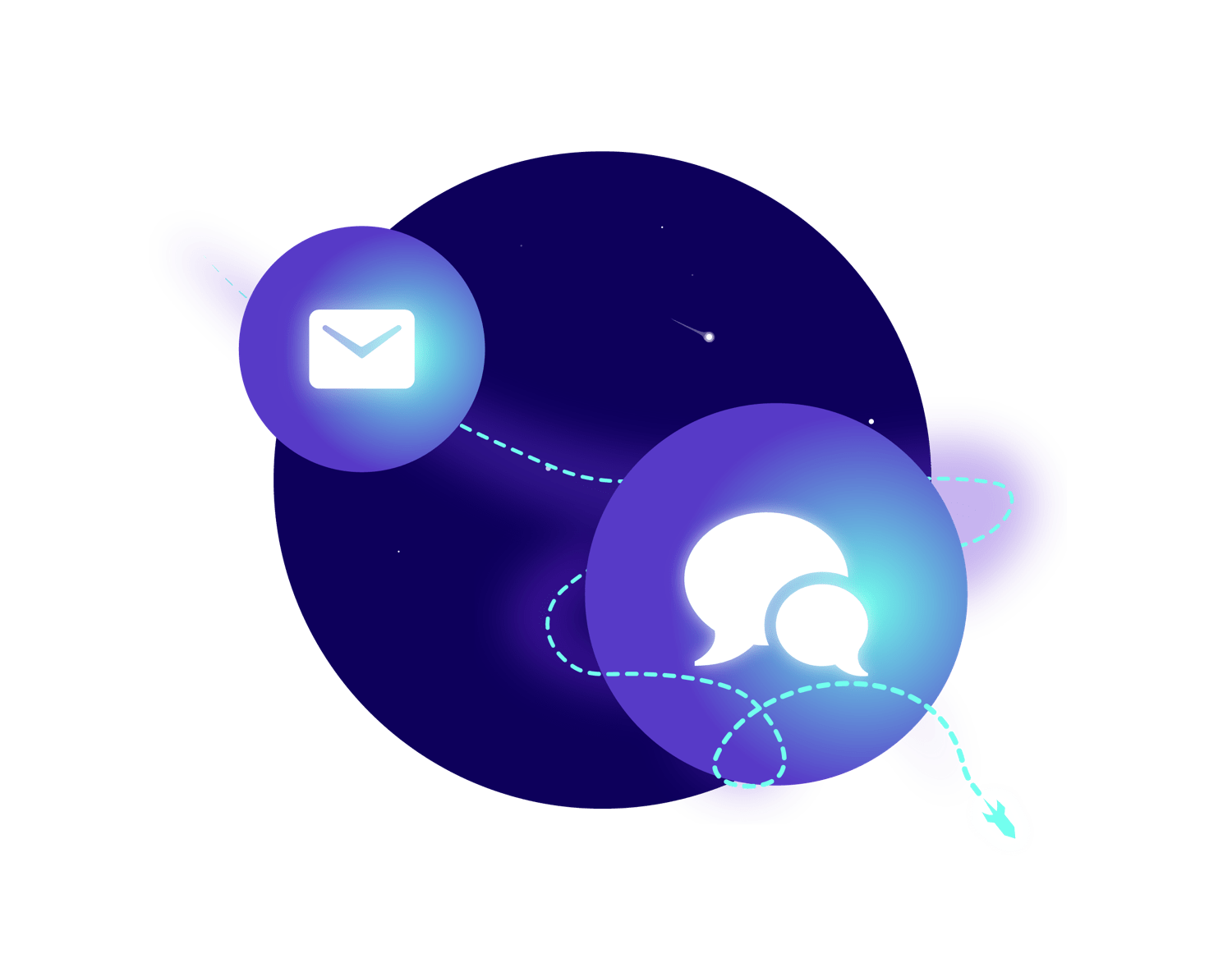 Illustration of an email, chat bubbles, and a wrench icon, representing communication and support.