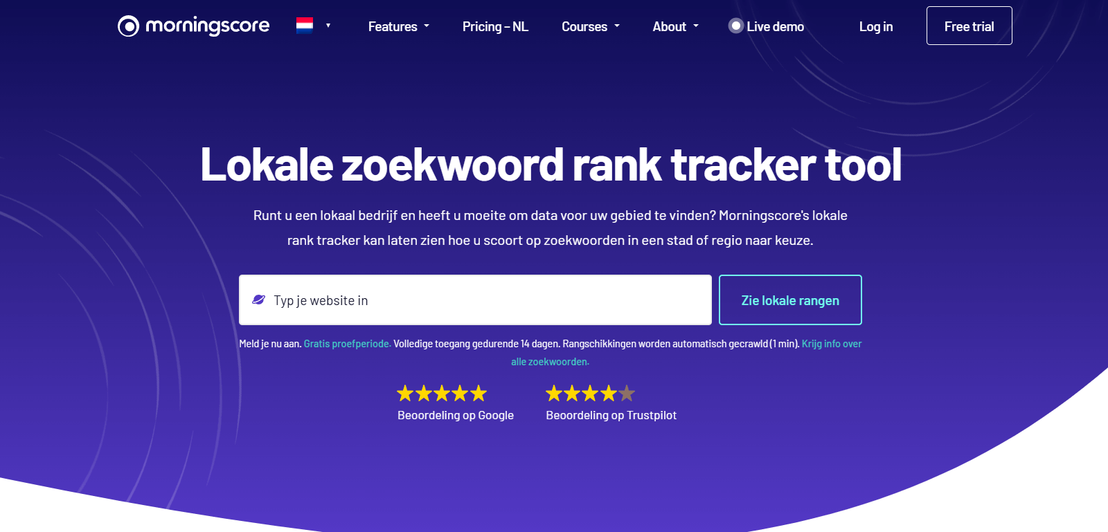 Screenshot van de Morningscore lokale zoekwoord rank tracker tool interface.