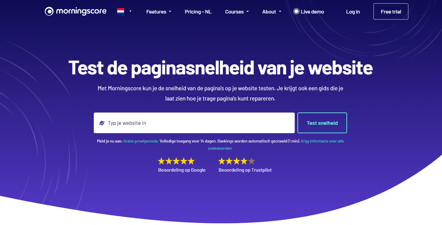 Schermafbeelding van Morningscore website snelheidstest tool met invoerveld en knop.