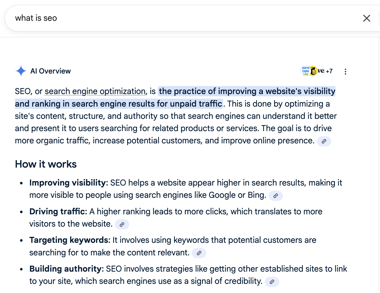 Example of AI Overviews showing results for "what is SEO"