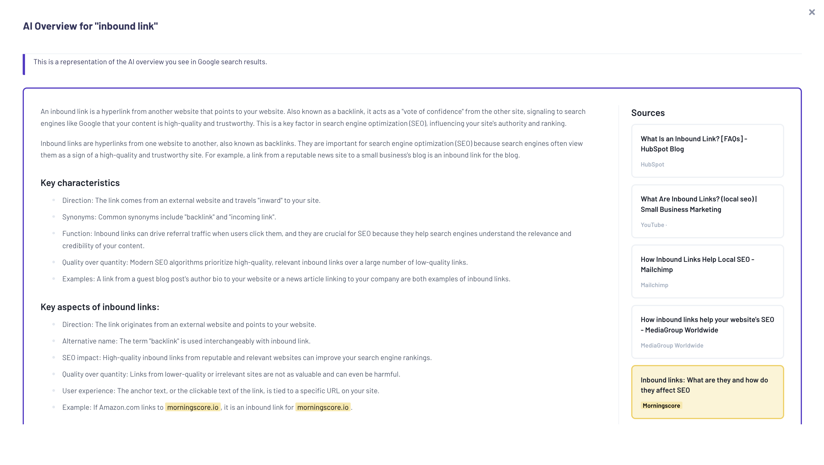 AI Overviews answers are shown directly in Morningscore for keywords