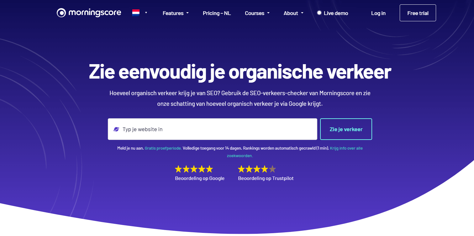 Een screenshot van de Morningscore verkeers-checker tool, met website invoerveld en knop.