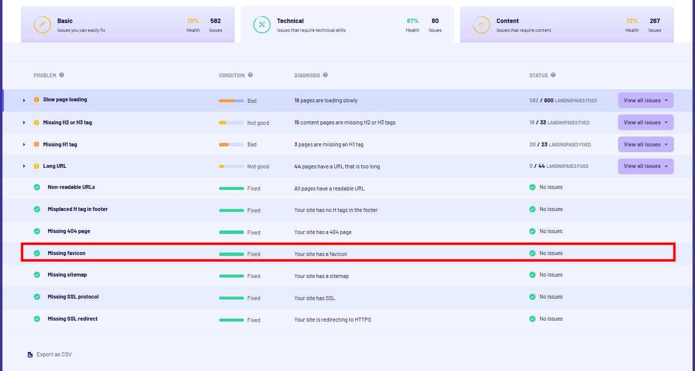 Find favicons, if a green tick doesn't show then click on it