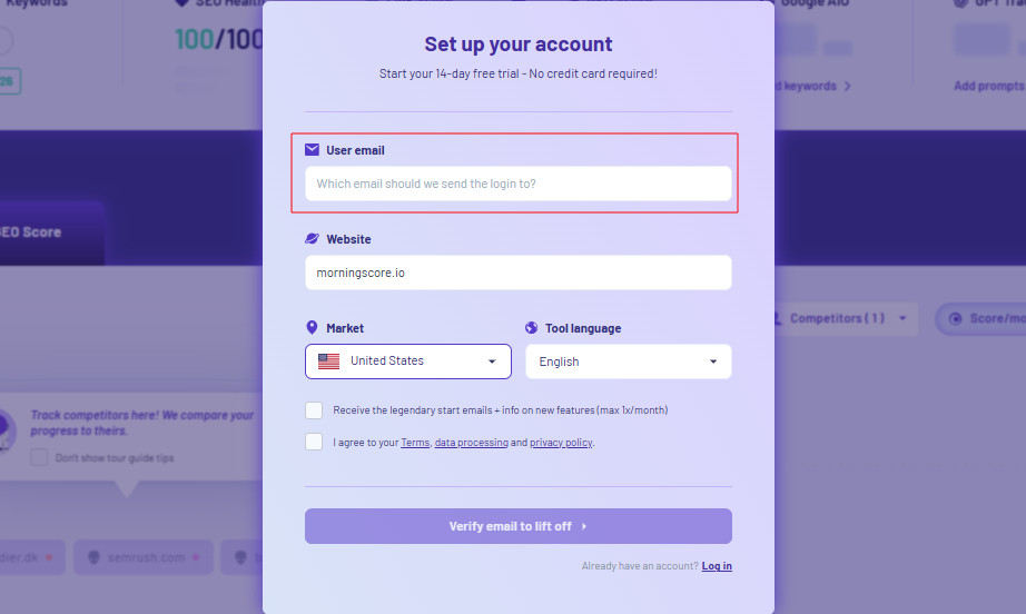 Insert your email to create a trial in Morningscore