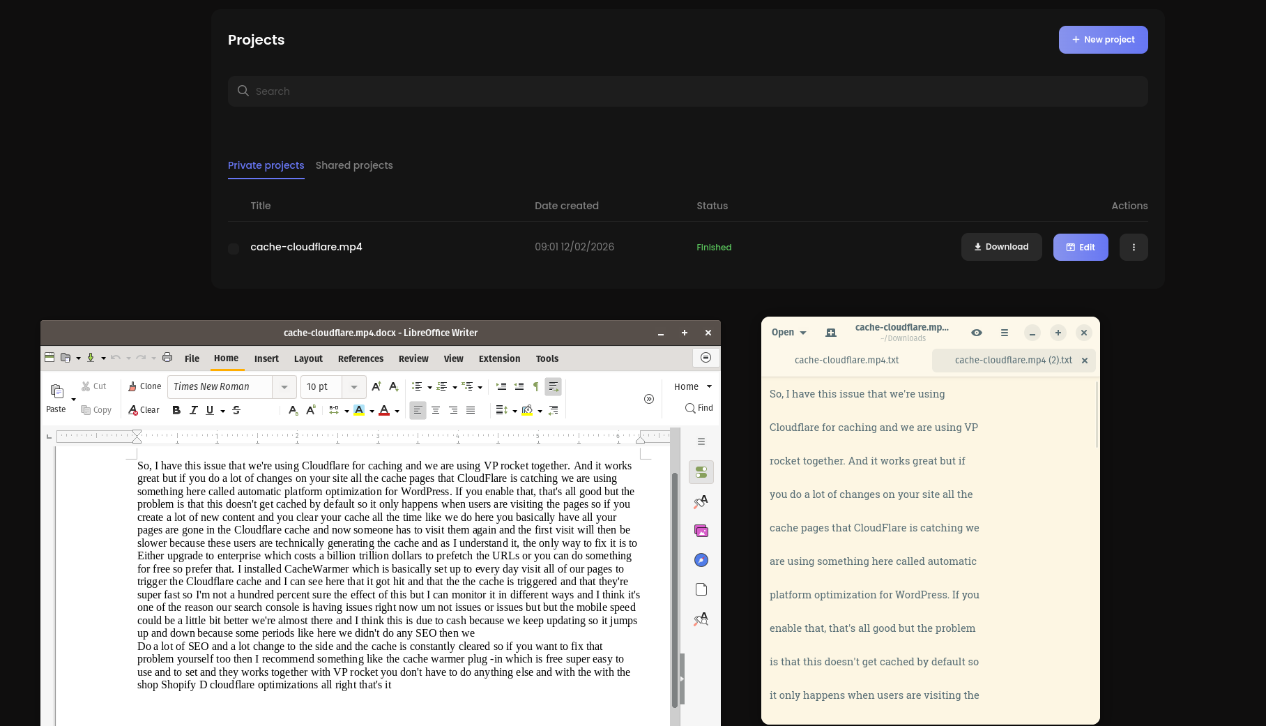 Randi AI screenshot showing video transcription projects and editor interface