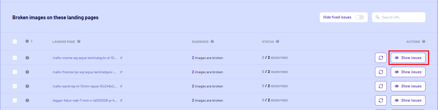 Morningscore broken image checker tool showing issues on various landing pages