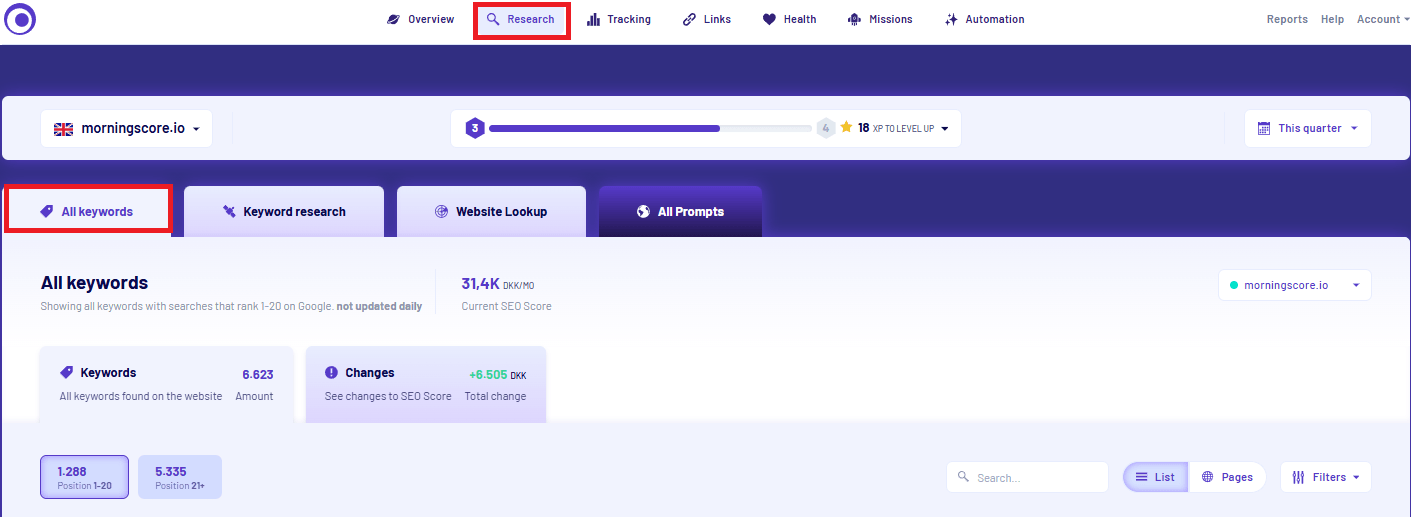 See all you keywords in the tool