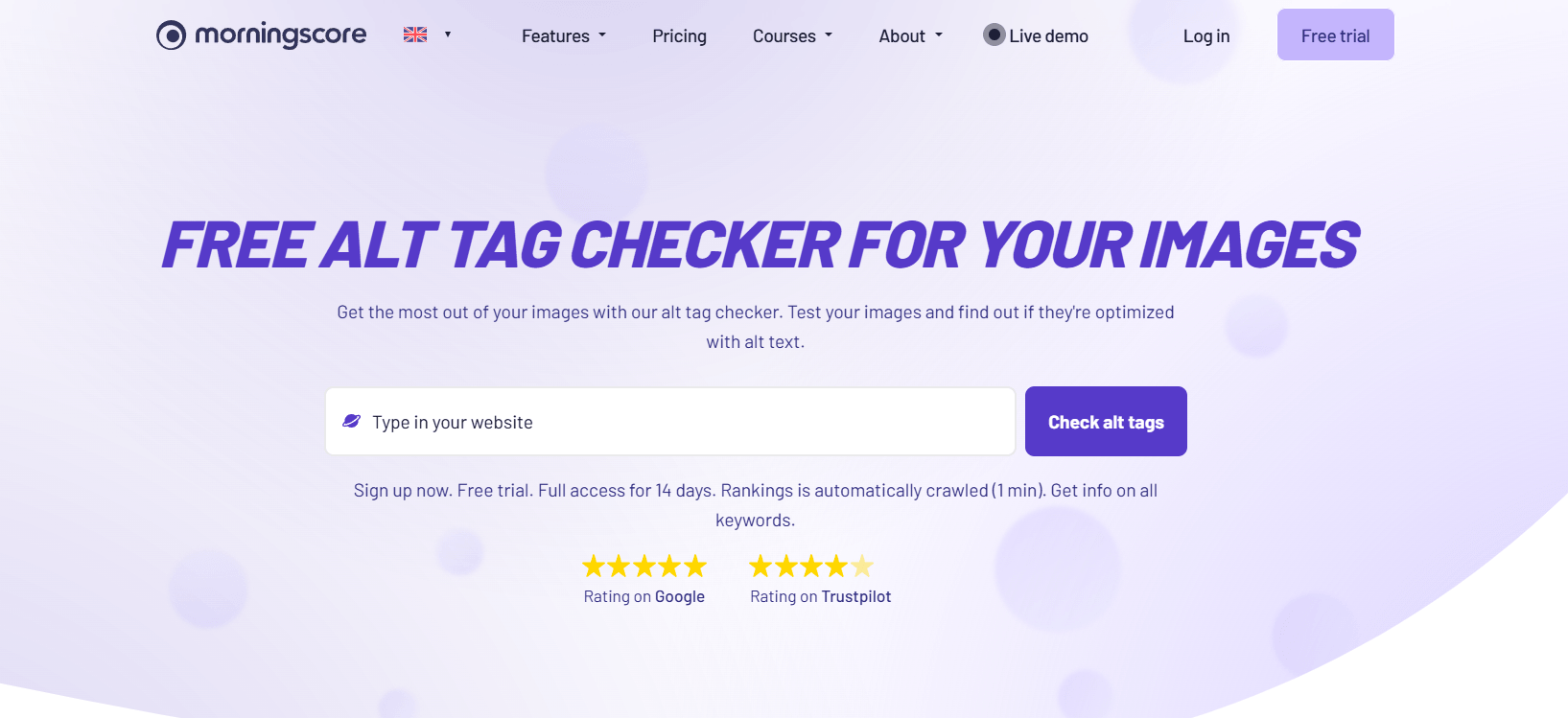 Frontpage for the Alt tag checker tool in morningscore