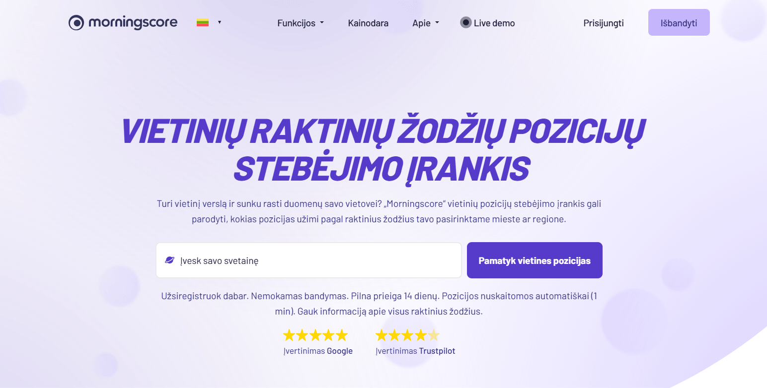 „Morningscores“ pagrindinis puslapis: vietinių raktinių žodžių reitingų stebėjimo įrankis