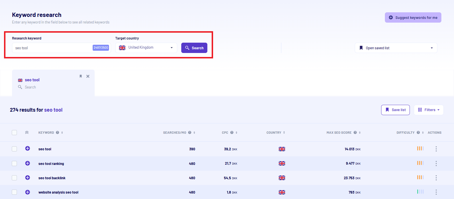 Find keywords under keyword research in morningscore