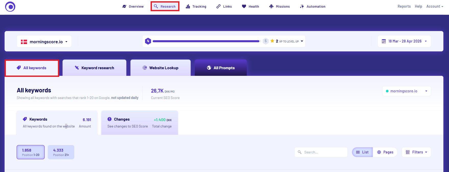 See all keywords in morningscore