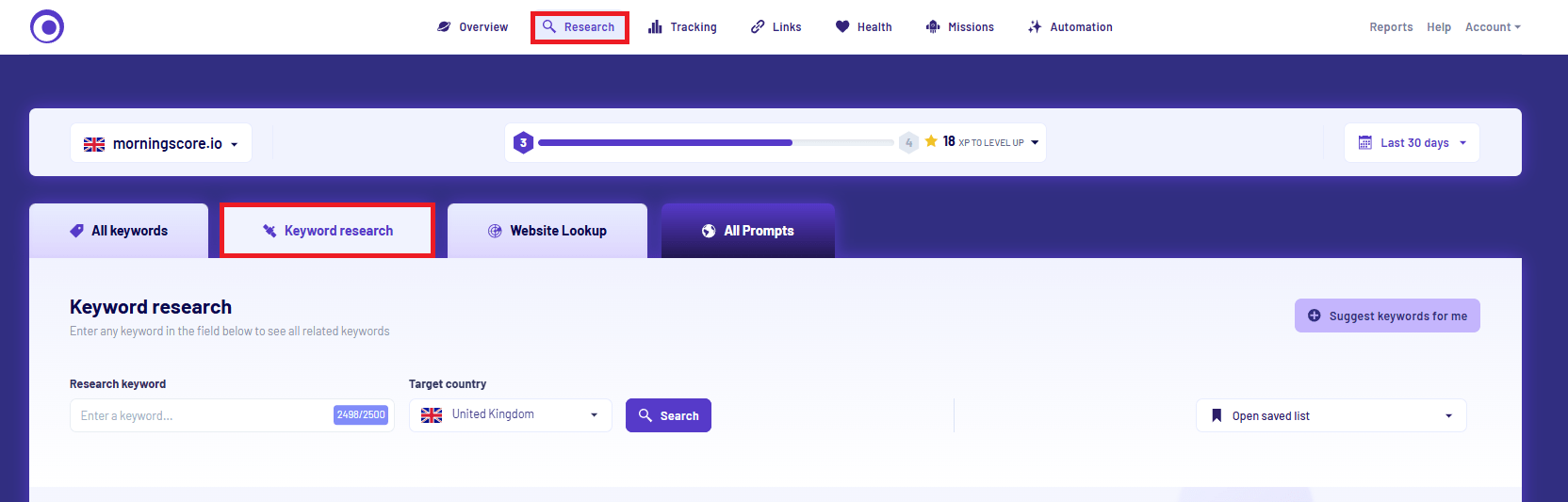 Guide on how to find keyword research in morningscore