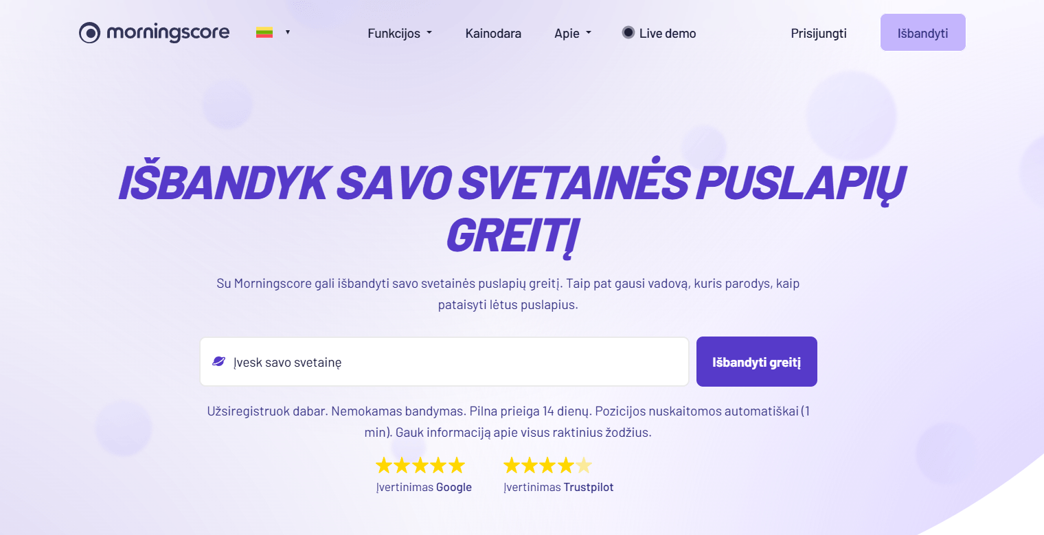 „Morningscore“ svetainės greičio testo pagrindinis puslapis