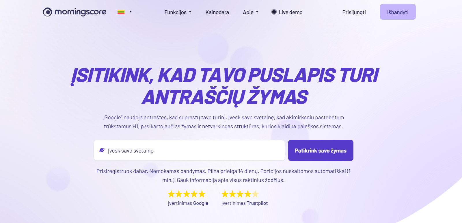Antraštės žymių tikrintuvas „Mornignscore“
