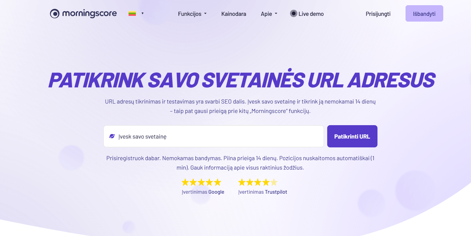 „Morningscore“ įrankis, skirtas SEO reikalavimus atitinkančių URL adresų tikrinimui