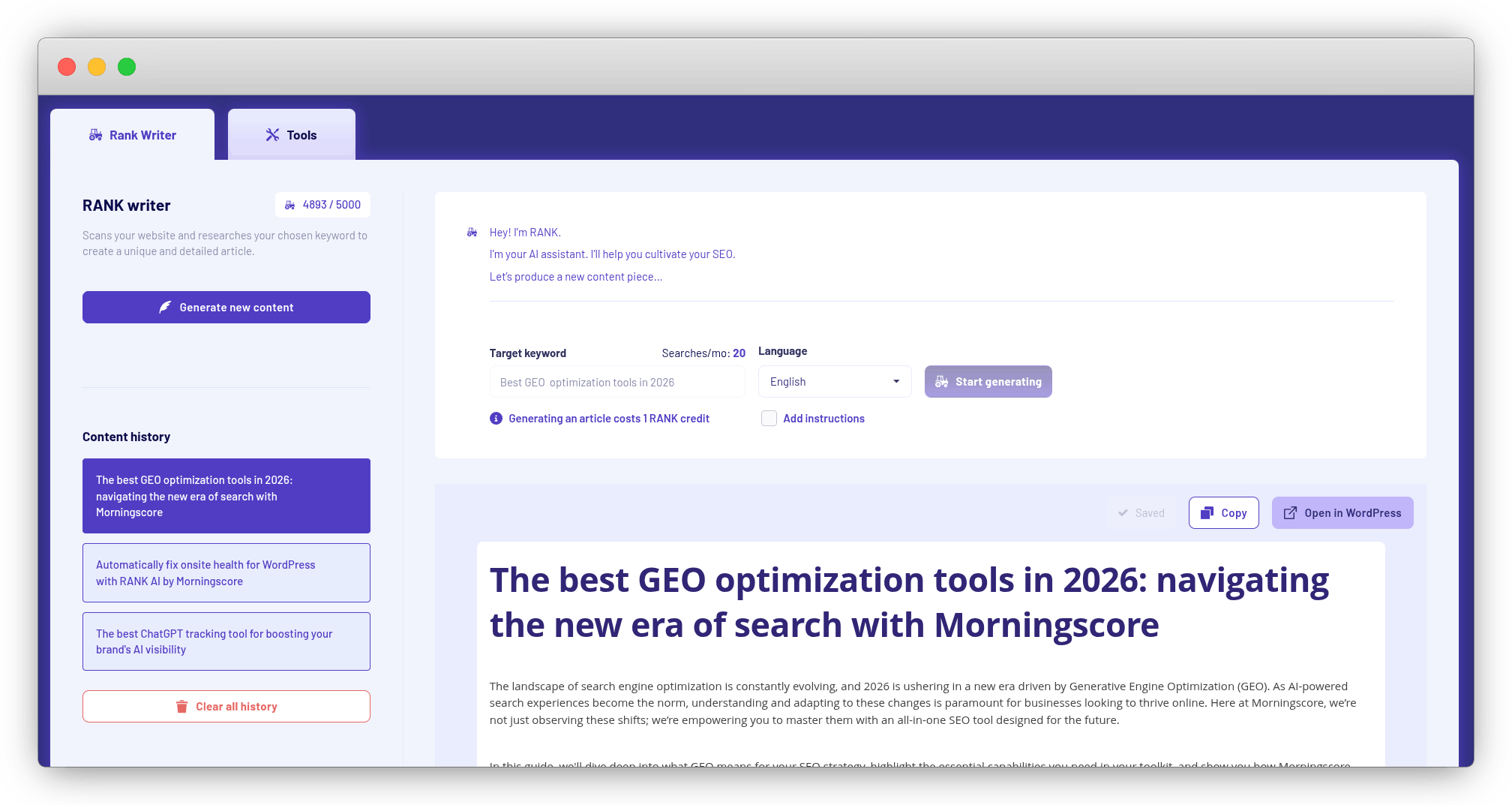 KI Content Writer Tool Oberfläche zum Generieren von Artikeln