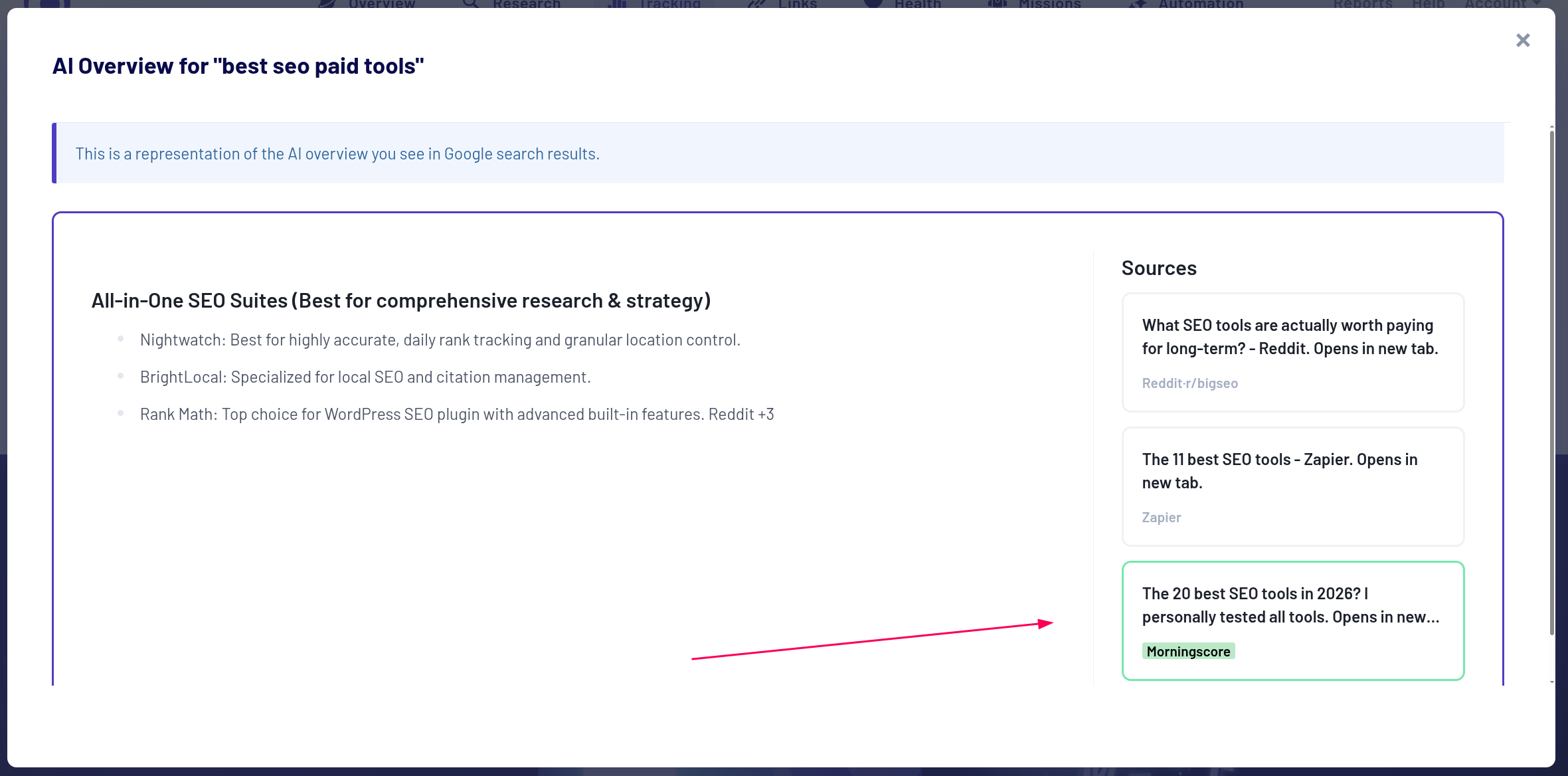 Morningscore AI Overviews tracker showing citations for "best SEO paid tools" query.