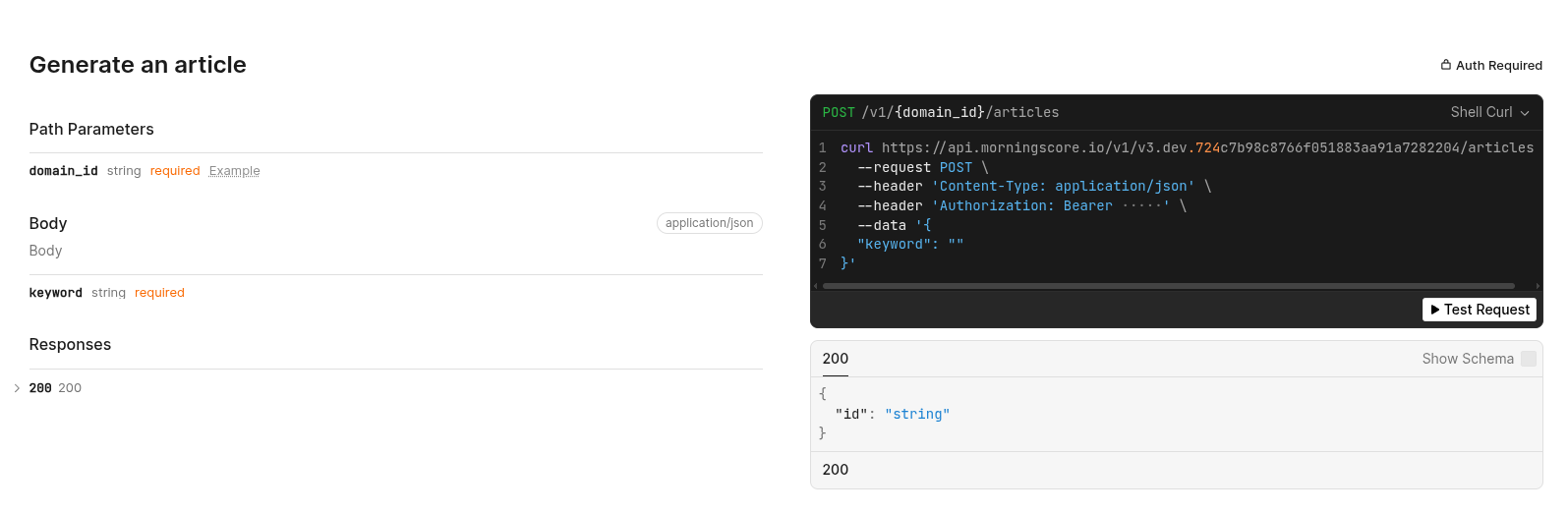 Morningscore RANK AI Writer API Zugang zur programmatischen Artikelgenerierung