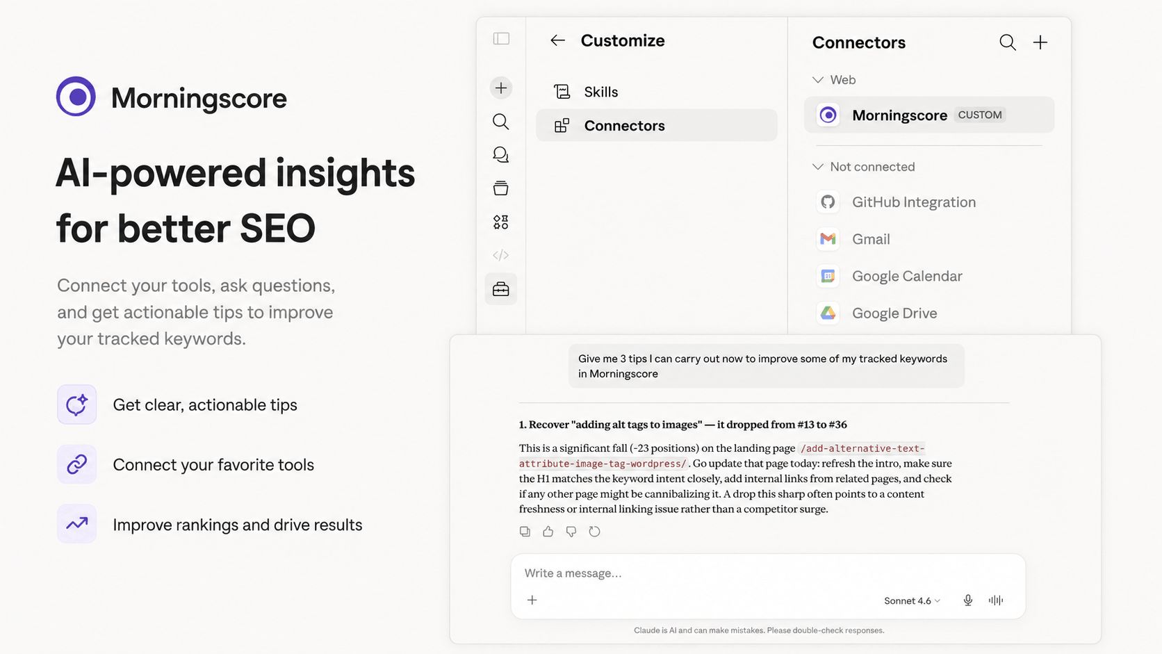 Morningscore AI-powered insights for better SEO with tips to improve keywords