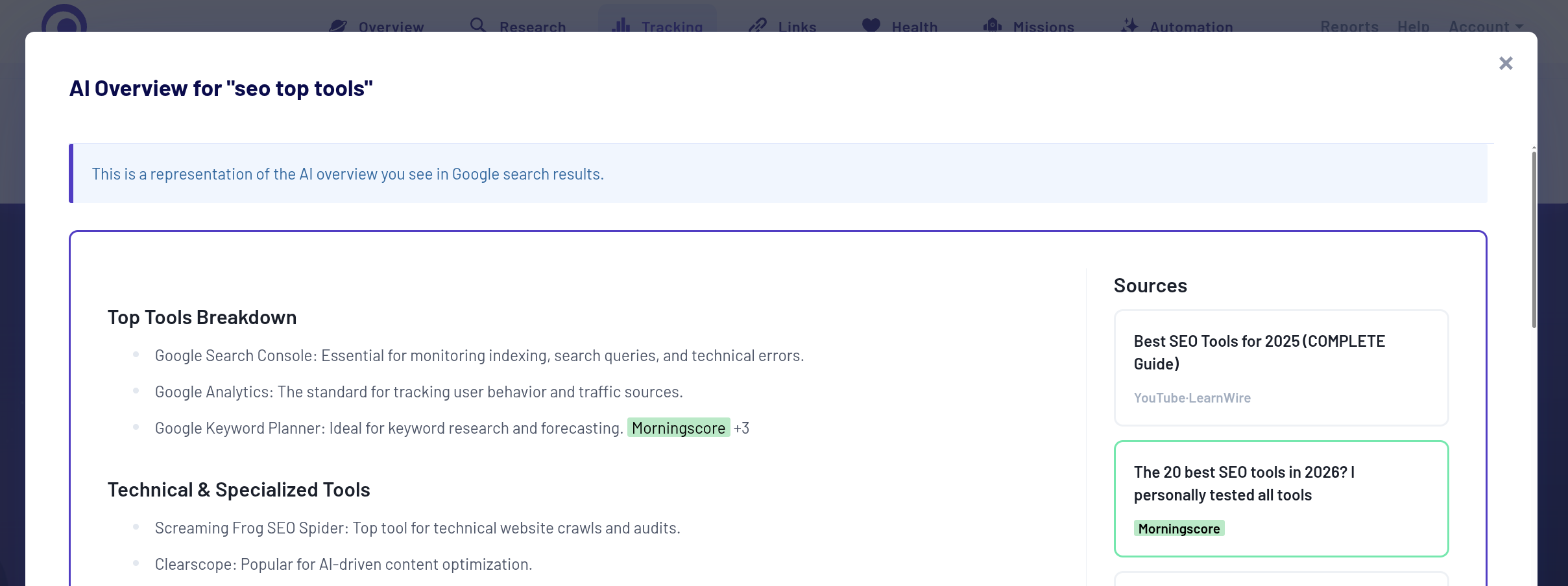 AI Overviews for "seo top tools" dashboard with Morningscore data and sources.