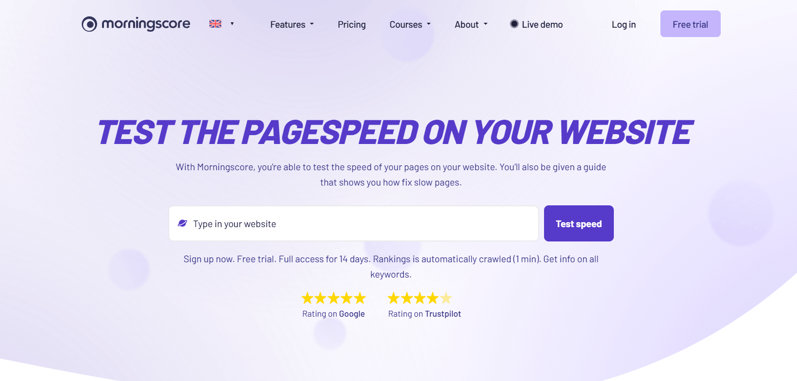 Website speed test frontpage in morningscore