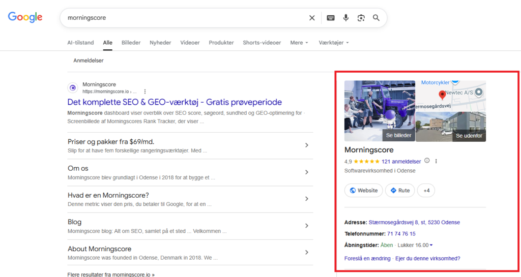 Morningscores Google business profile in Google SERP