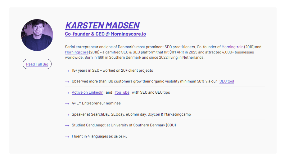 Karsten Madsen's bio under Morningscore articles