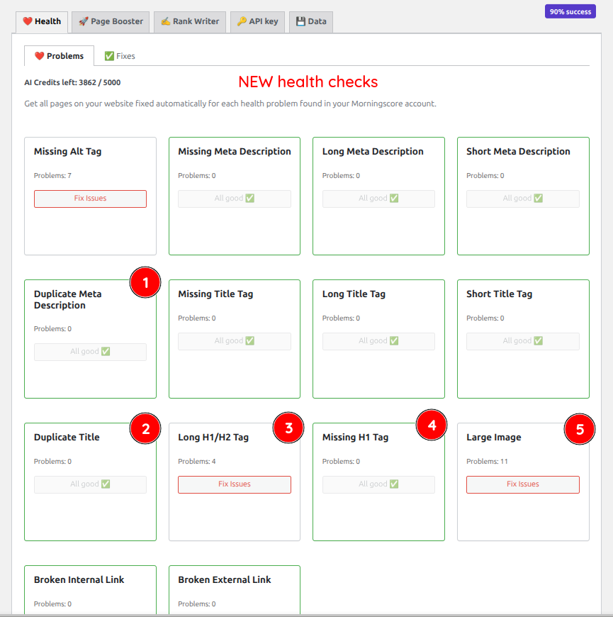 Morningscore dashboard showing new health checks for WordPress and Shopify SEO automation.