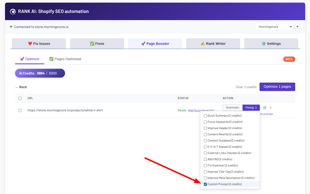 Morningscore Page Booster tool interface showing the custom prompt instruction for Shopify SEO automation.