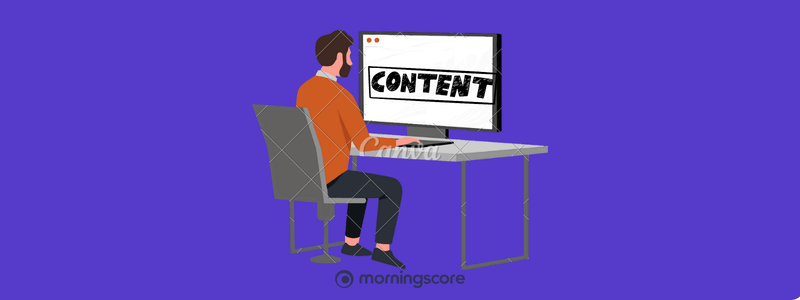 Cartoon of a man sitting in front of a computer doing content