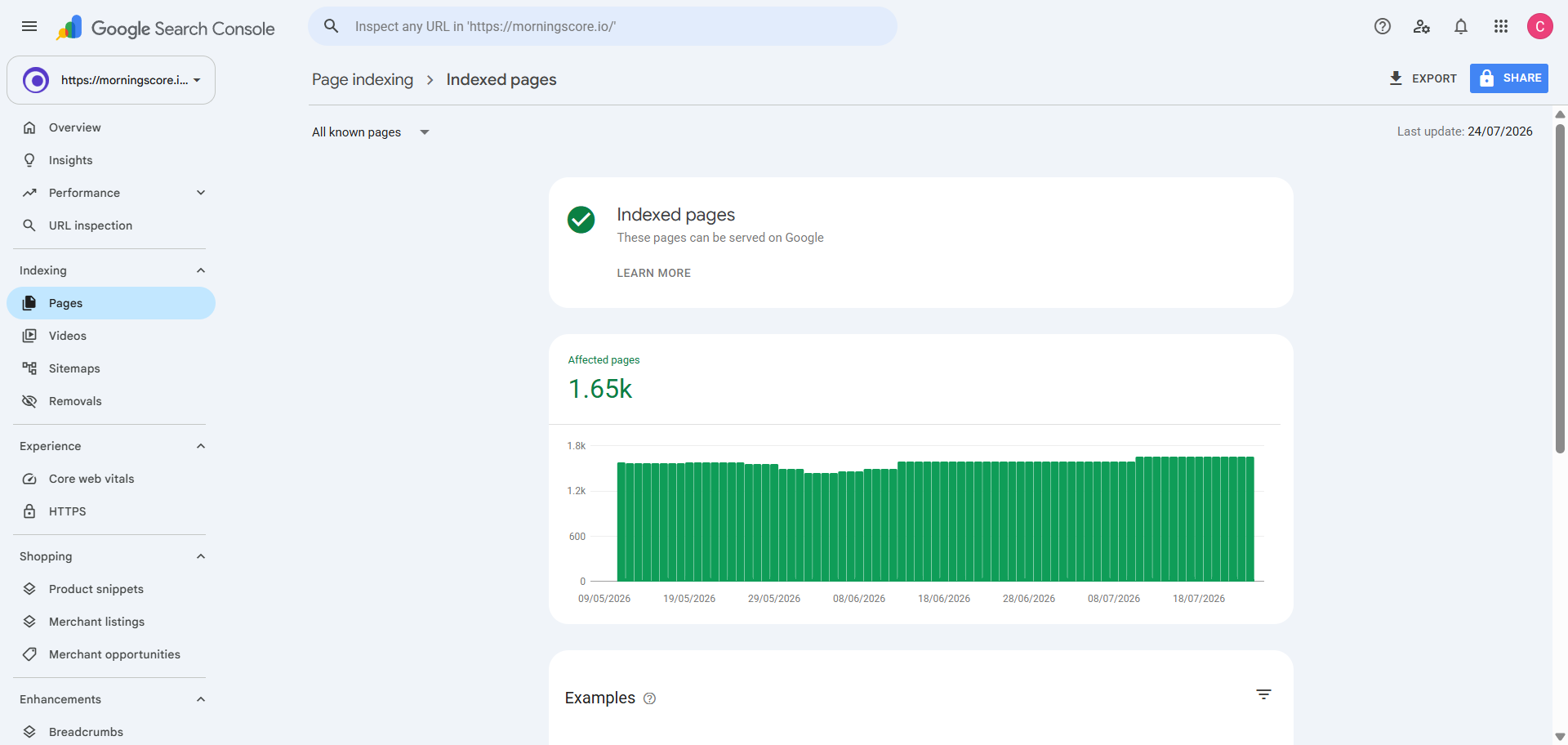 Google Search Console Page Indexing report showing the number of indexed versus non-indexed pages for a website