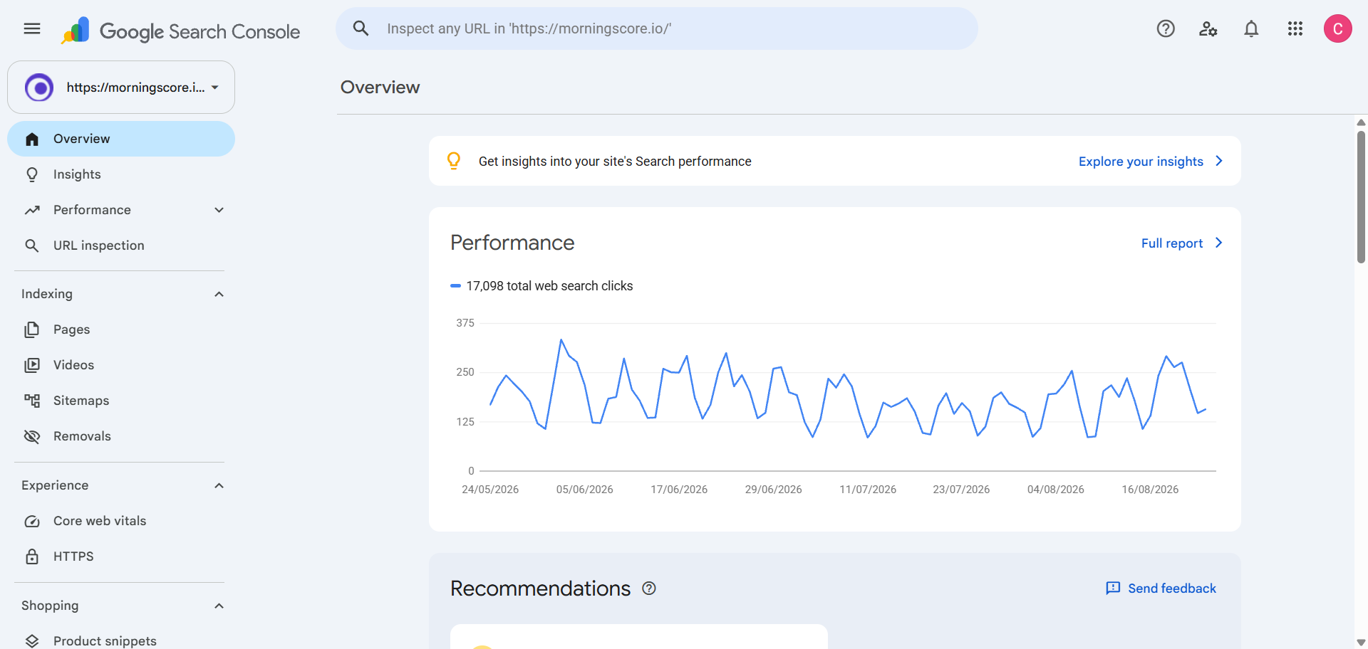 Google Search Console performance dashboard showing search queries, clicks, and impressions overview