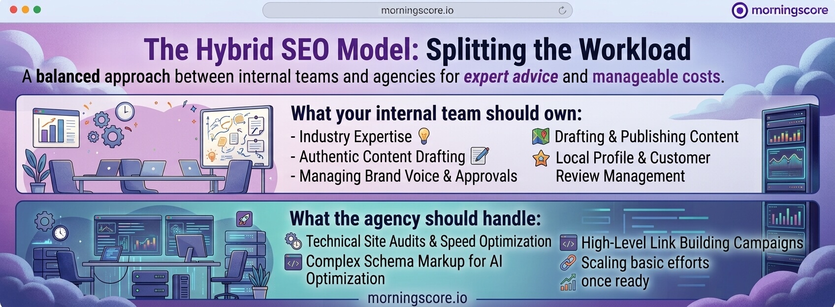 Hybrid SEO by doing things in house while outsourcing some parts for an agency