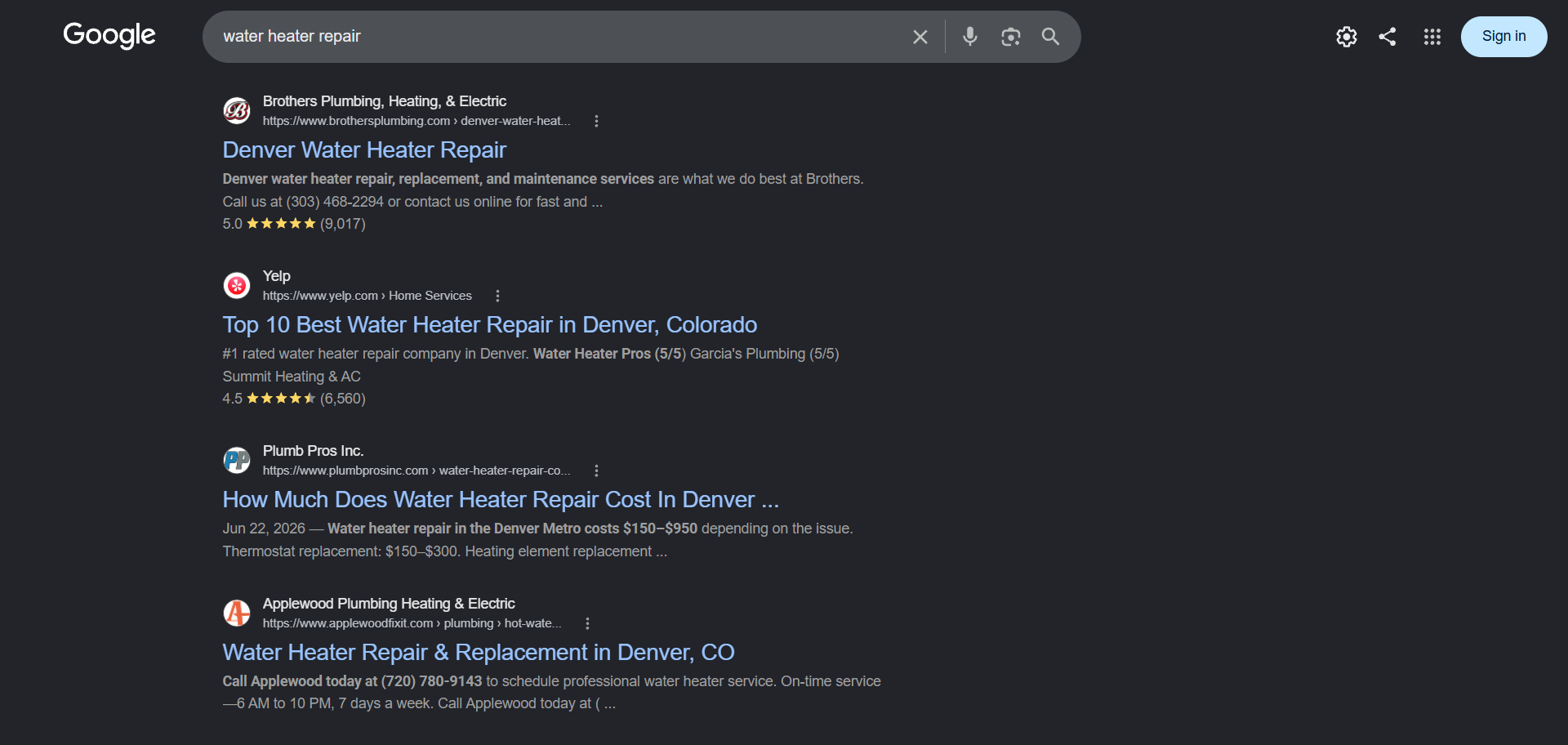 Google search results page for water heater repair showing local intent